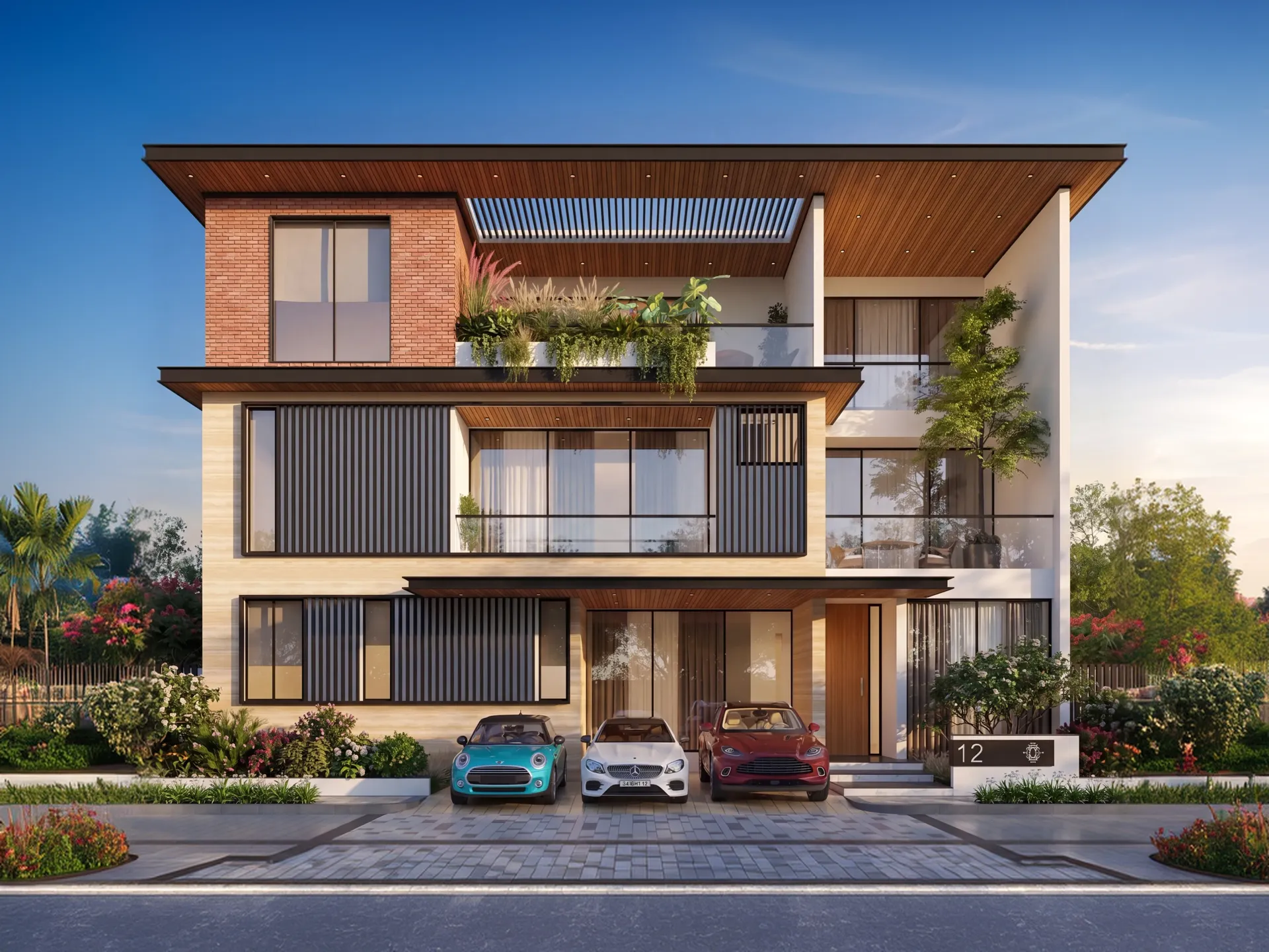 Modern terrace apartments with green plants, flowering vines, and outdoor seating on a sunny day.