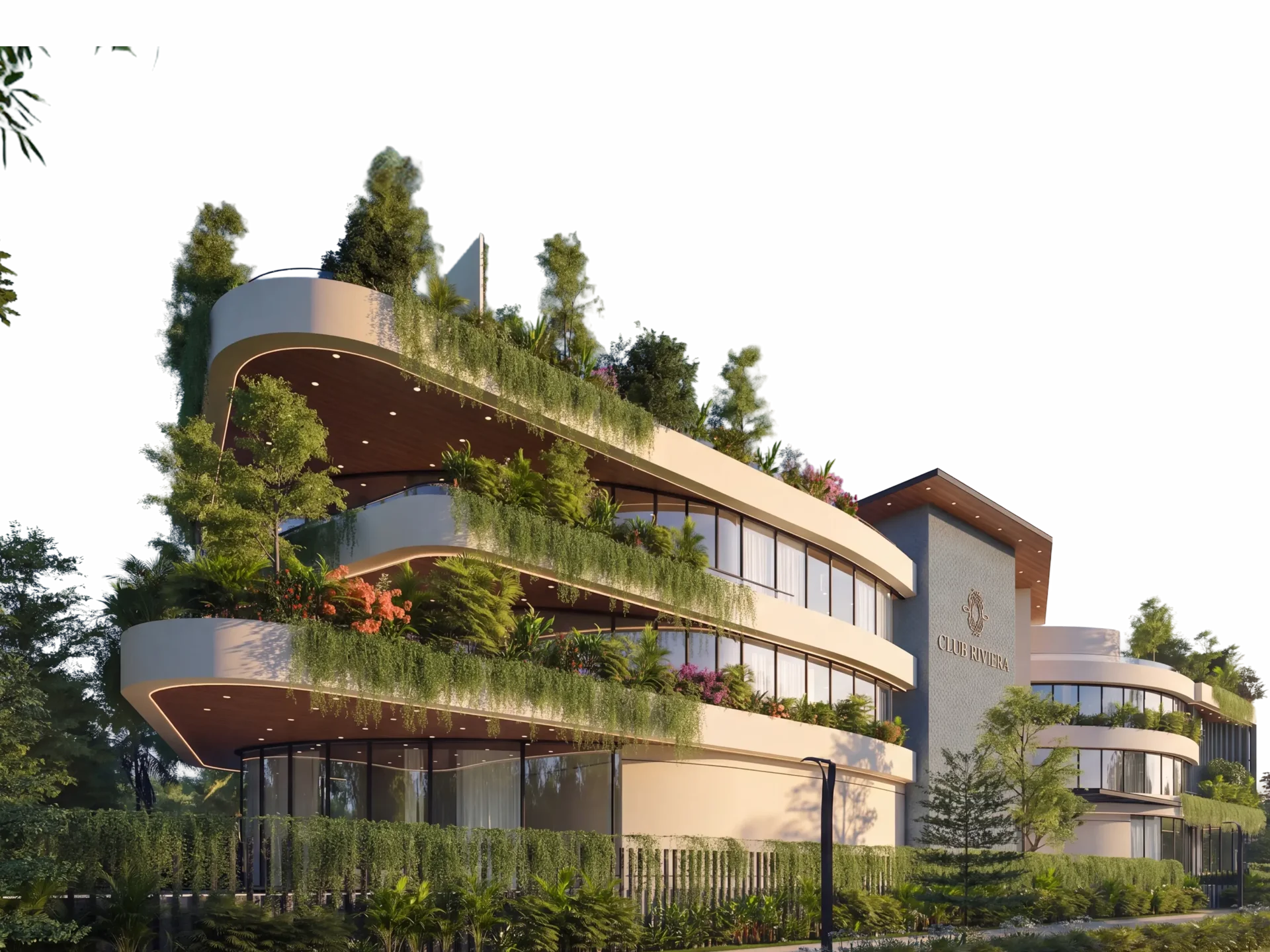 Modern building with flowering vines beside a rectangular swimming pool and palm trees.