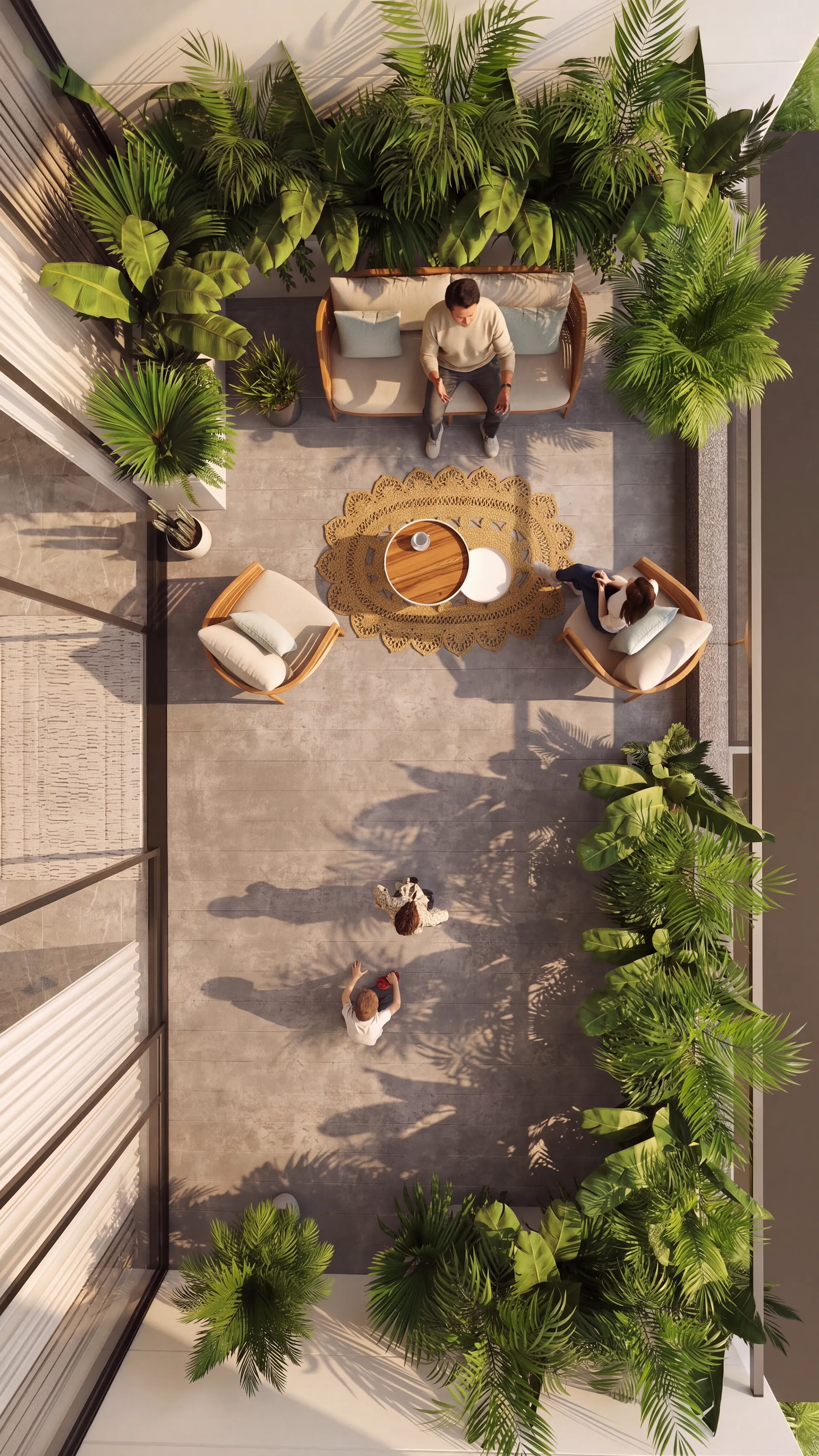 Sunlit modern terrace with cushioned sofas, wooden tables, climbing plants, and ocean view under clear sky.